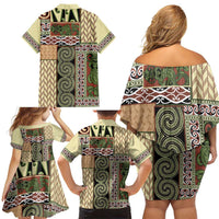 Beige Aotearoa Kowhaiwhai Pattern Family Matching Off Shoulder Short Dress and Hawaiian Shirt NZ Maori Quilt Style LT14 - Polynesian Pride