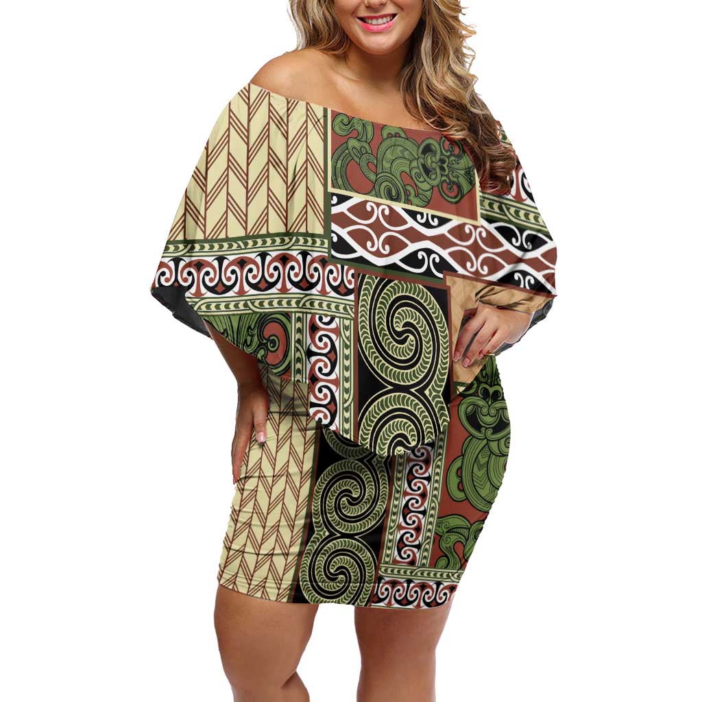 Beige Aotearoa Kowhaiwhai Pattern Family Matching Off Shoulder Short Dress and Hawaiian Shirt NZ Maori Quilt Style LT14 Mom's Dress Beige - Polynesian Pride