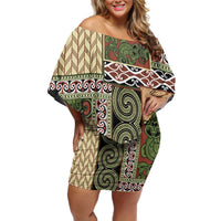 Beige Aotearoa Kowhaiwhai Pattern Family Matching Off Shoulder Short Dress and Hawaiian Shirt NZ Maori Quilt Style LT14 Mom's Dress Beige - Polynesian Pride