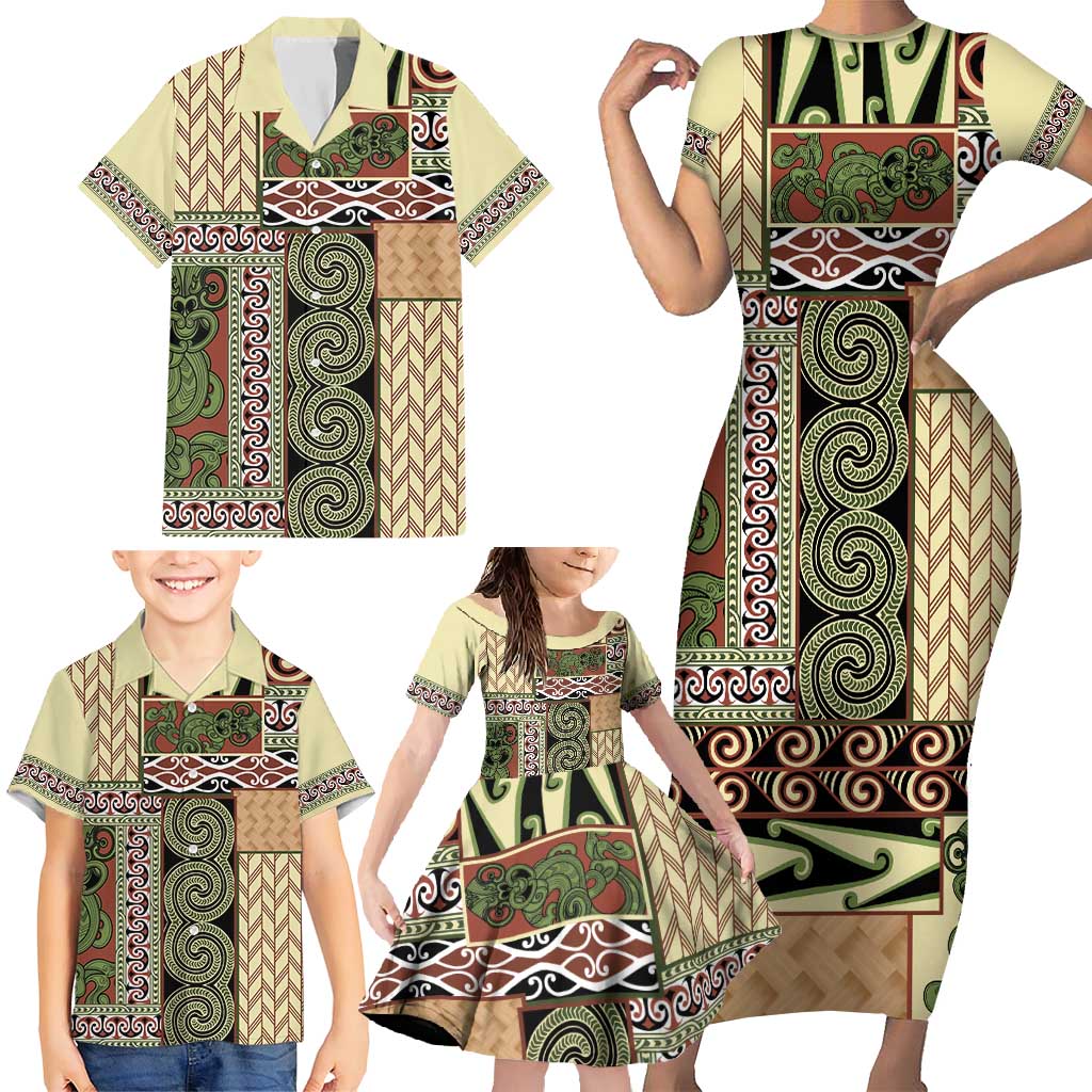 Beige Aotearoa Kowhaiwhai Pattern Family Matching Short Sleeve Bodycon Dress and Hawaiian Shirt NZ Maori Quilt Style LT14 - Polynesian Pride