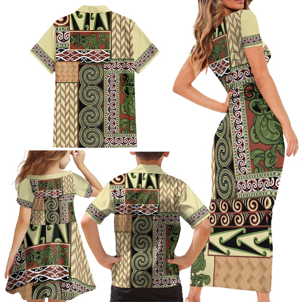 Beige Aotearoa Kowhaiwhai Pattern Family Matching Short Sleeve Bodycon Dress and Hawaiian Shirt NZ Maori Quilt Style LT14 - Polynesian Pride