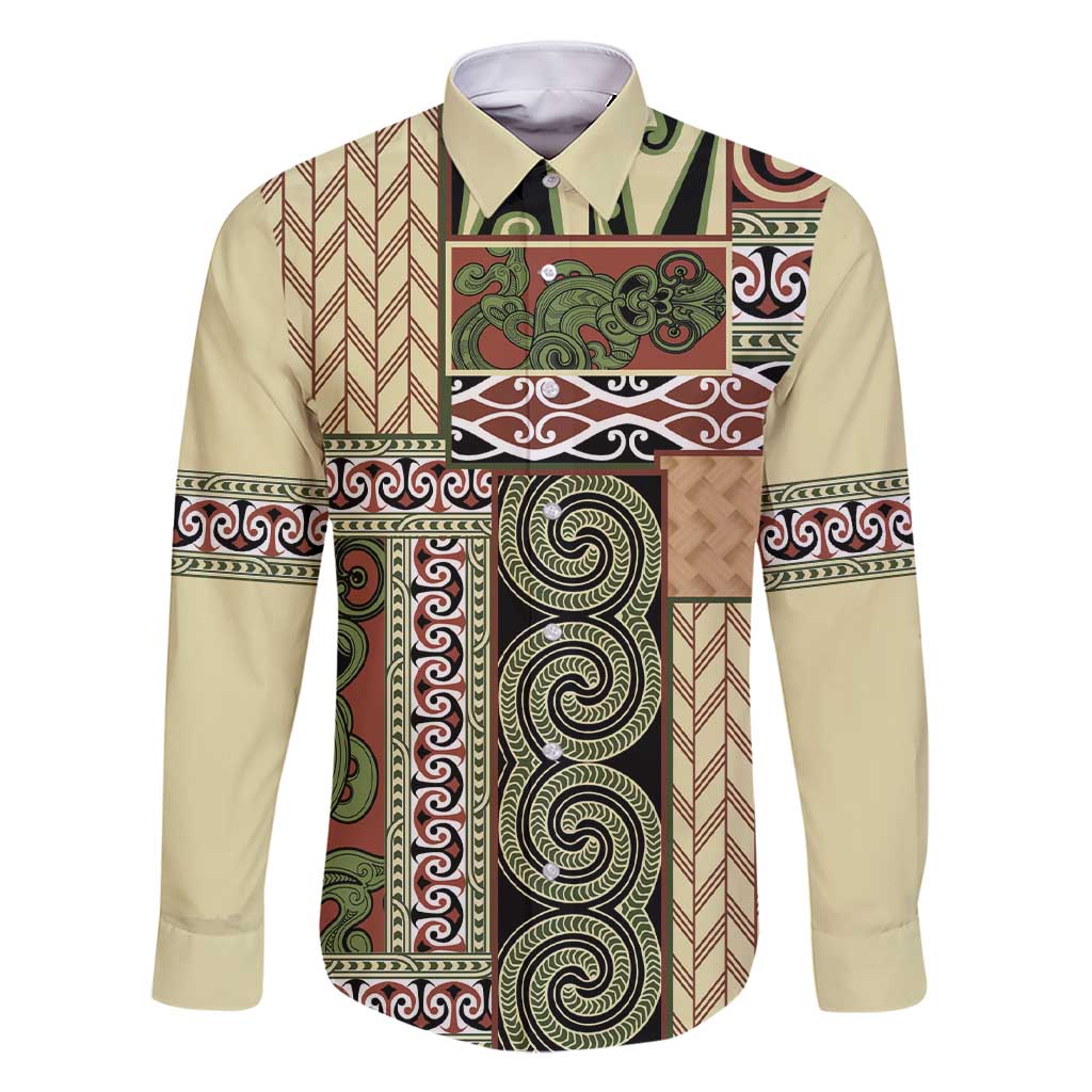 Beige Aotearoa Kowhaiwhai Pattern Family Matching Short Sleeve Bodycon Dress and Hawaiian Shirt NZ Maori Quilt Style LT14 Dad's Shirt - Long Sleeve Beige - Polynesian Pride