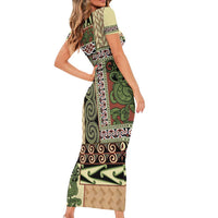 Beige Aotearoa Kowhaiwhai Pattern Family Matching Short Sleeve Bodycon Dress and Hawaiian Shirt NZ Maori Quilt Style LT14 - Polynesian Pride