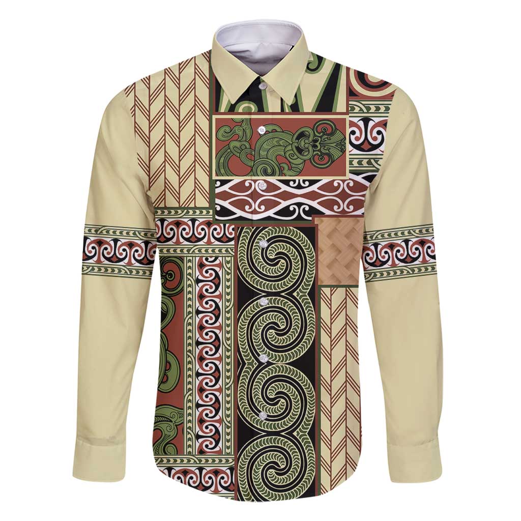 Beige Aotearoa Kowhaiwhai Pattern Family Matching Tank Maxi Dress and Hawaiian Shirt NZ Maori Quilt Style LT14 Dad's Shirt - Long Sleeve Beige - Polynesian Pride
