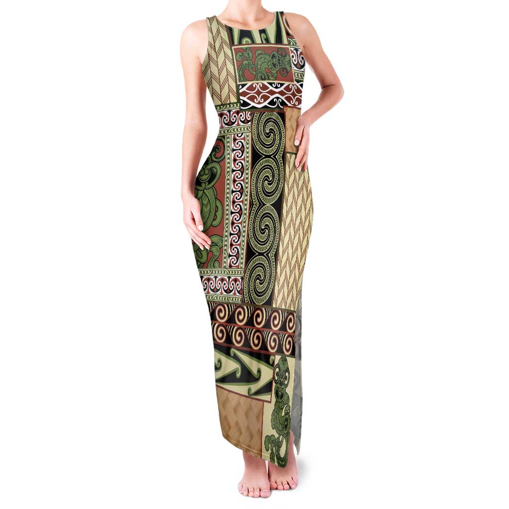 Beige Aotearoa Kowhaiwhai Pattern Family Matching Tank Maxi Dress and Hawaiian Shirt NZ Maori Quilt Style LT14 Mom's Dress Beige - Polynesian Pride