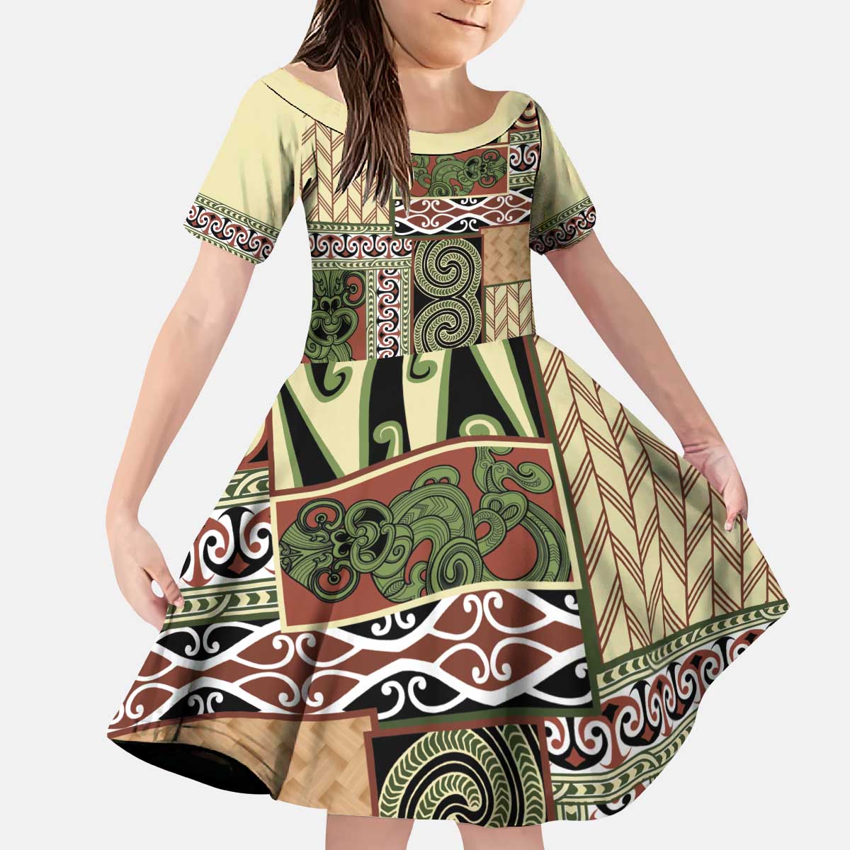 Beige Aotearoa Kowhaiwhai Pattern Kid Short Sleeve Dress NZ Maori Quilt Style LT14 KID Beige - Polynesian Pride
