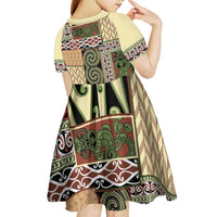 Beige Aotearoa Kowhaiwhai Pattern Kid Short Sleeve Dress NZ Maori Quilt Style LT14 - Polynesian Pride