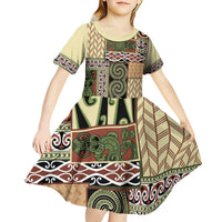 Beige Aotearoa Kowhaiwhai Pattern Kid Short Sleeve Dress NZ Maori Quilt Style LT14 - Polynesian Pride