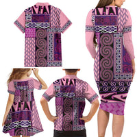 Pink Aotearoa Kowhaiwhai Pattern Family Matching Long Sleeve Bodycon Dress and Hawaiian Shirt NZ Maori Quilt Style LT14 - Polynesian Pride