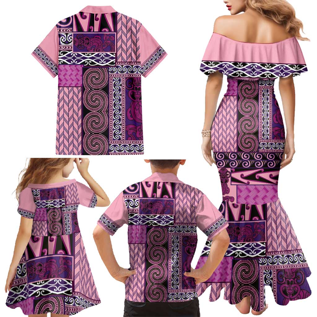 Pink Aotearoa Kowhaiwhai Pattern Family Matching Mermaid Dress and Hawaiian Shirt NZ Maori Quilt Style LT14 - Polynesian Pride