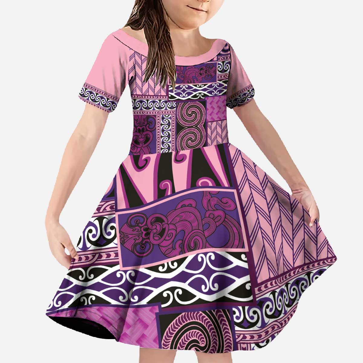 Pink Aotearoa Kowhaiwhai Pattern Family Matching Off The Shoulder Long Sleeve Dress and Hawaiian Shirt NZ Maori Quilt Style LT14 Daughter's Dress Pink - Polynesian Pride