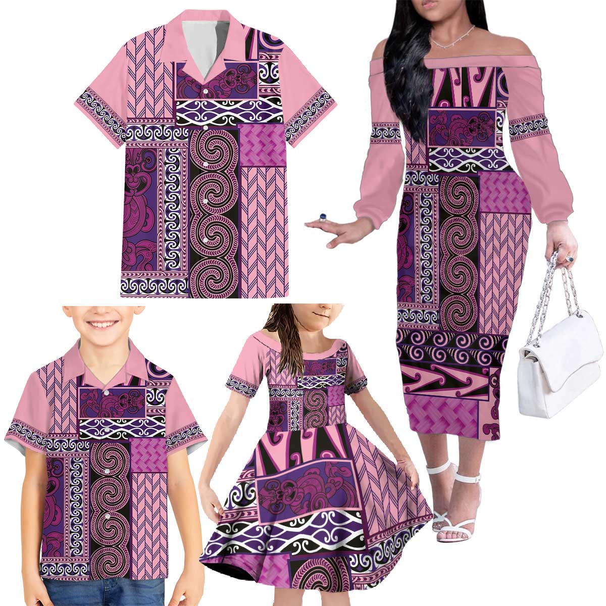 Pink Aotearoa Kowhaiwhai Pattern Family Matching Off The Shoulder Long Sleeve Dress and Hawaiian Shirt NZ Maori Quilt Style LT14 - Polynesian Pride