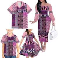 Pink Aotearoa Kowhaiwhai Pattern Family Matching Off The Shoulder Long Sleeve Dress and Hawaiian Shirt NZ Maori Quilt Style LT14 - Polynesian Pride