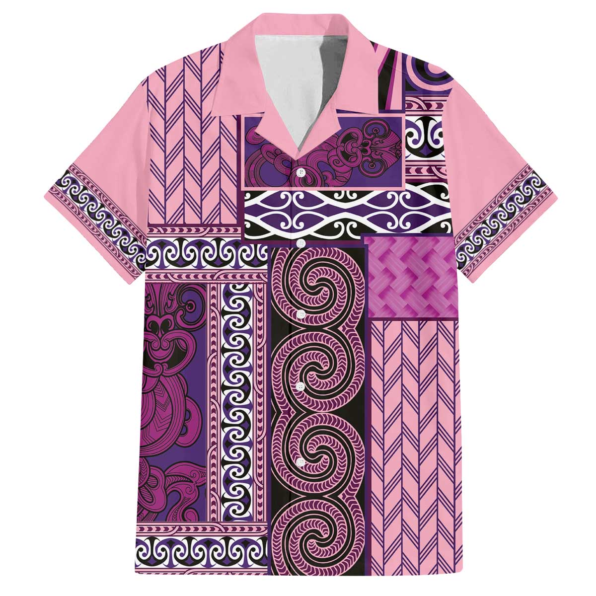 Pink Aotearoa Kowhaiwhai Pattern Family Matching Off The Shoulder Long Sleeve Dress and Hawaiian Shirt NZ Maori Quilt Style LT14 Dad's Shirt - Short Sleeve Pink - Polynesian Pride