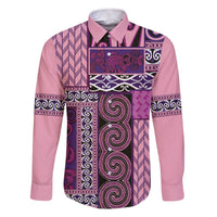 Pink Aotearoa Kowhaiwhai Pattern Family Matching Off The Shoulder Long Sleeve Dress and Hawaiian Shirt NZ Maori Quilt Style LT14 Dad's Shirt - Long Sleeve Pink - Polynesian Pride