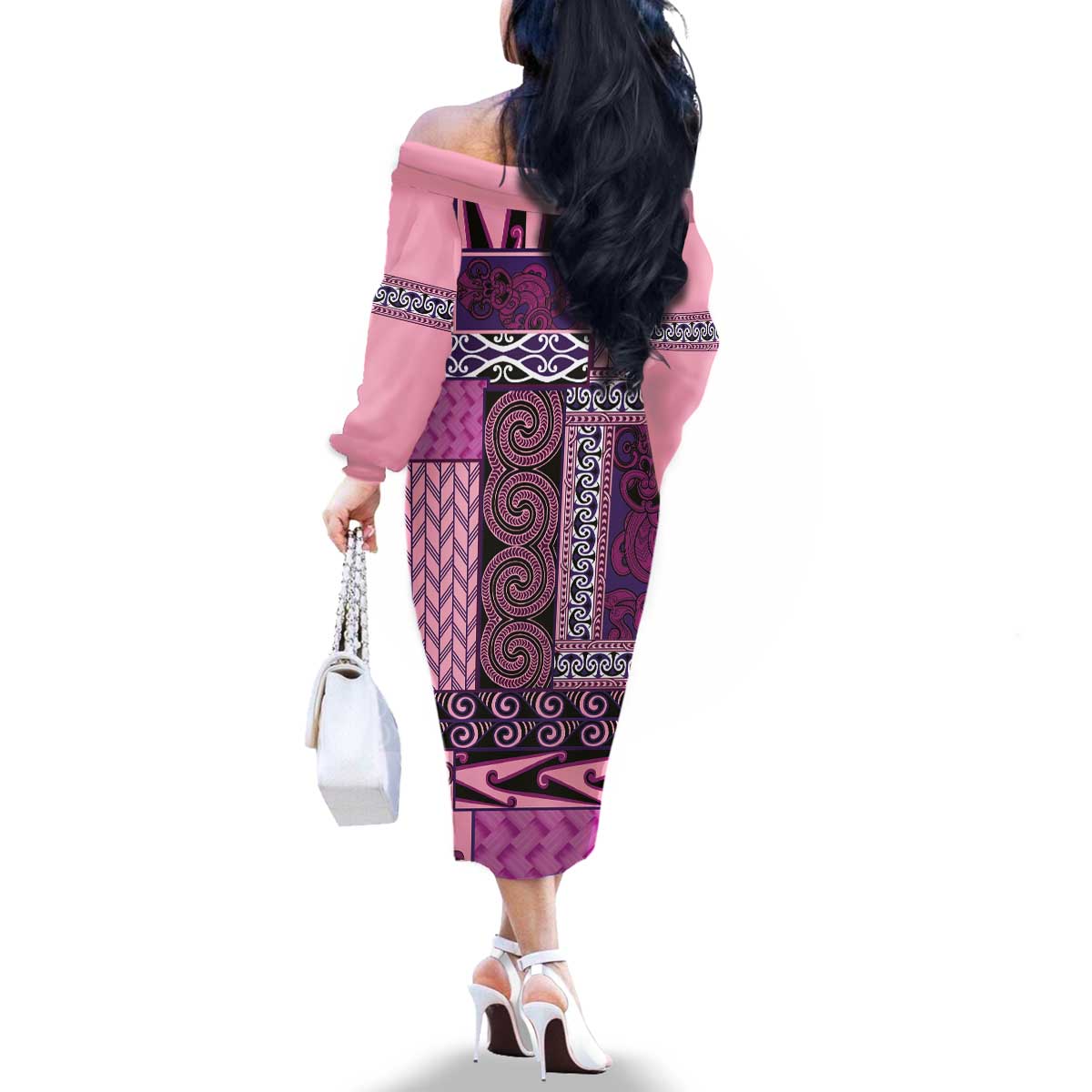 Pink Aotearoa Kowhaiwhai Pattern Family Matching Off The Shoulder Long Sleeve Dress and Hawaiian Shirt NZ Maori Quilt Style LT14 - Polynesian Pride