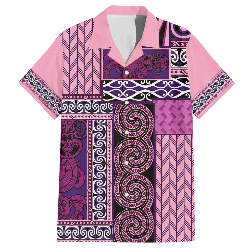 Pink Aotearoa Kowhaiwhai Pattern Family Matching Off Shoulder Maxi Dress and Hawaiian Shirt NZ Maori Quilt Style LT14 Dad's Shirt - Short Sleeve Pink - Polynesian Pride