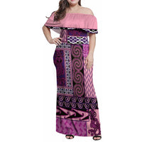 Pink Aotearoa Kowhaiwhai Pattern Family Matching Off Shoulder Maxi Dress and Hawaiian Shirt NZ Maori Quilt Style LT14 Mom's Dress Pink - Polynesian Pride