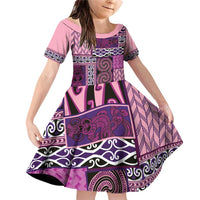 Pink Aotearoa Kowhaiwhai Pattern Family Matching Off Shoulder Short Dress and Hawaiian Shirt NZ Maori Quilt Style LT14 Daughter's Dress Pink - Polynesian Pride