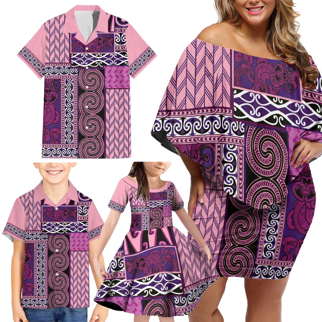 Pink Aotearoa Kowhaiwhai Pattern Family Matching Off Shoulder Short Dress and Hawaiian Shirt NZ Maori Quilt Style LT14 - Polynesian Pride