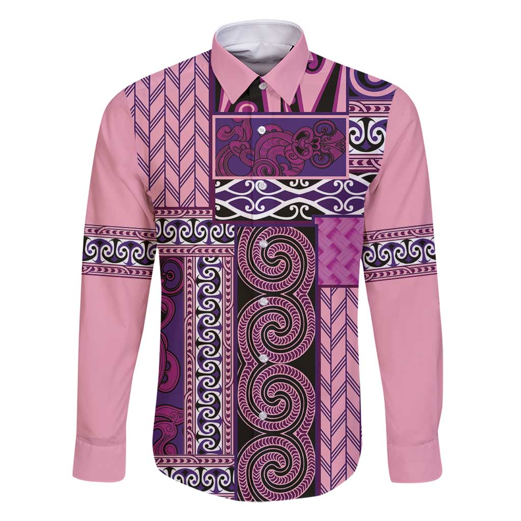 Pink Aotearoa Kowhaiwhai Pattern Family Matching Off Shoulder Short Dress and Hawaiian Shirt NZ Maori Quilt Style LT14 Dad's Shirt - Long Sleeve Pink - Polynesian Pride
