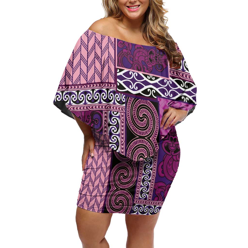 Pink Aotearoa Kowhaiwhai Pattern Family Matching Off Shoulder Short Dress and Hawaiian Shirt NZ Maori Quilt Style LT14 Mom's Dress Pink - Polynesian Pride