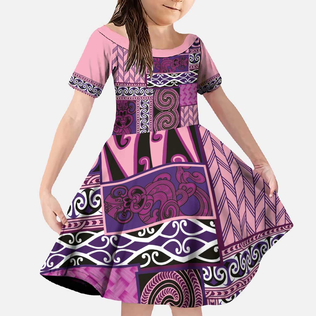 Pink Aotearoa Kowhaiwhai Pattern Family Matching Short Sleeve Bodycon Dress and Hawaiian Shirt NZ Maori Quilt Style LT14 Daughter's Dress Pink - Polynesian Pride