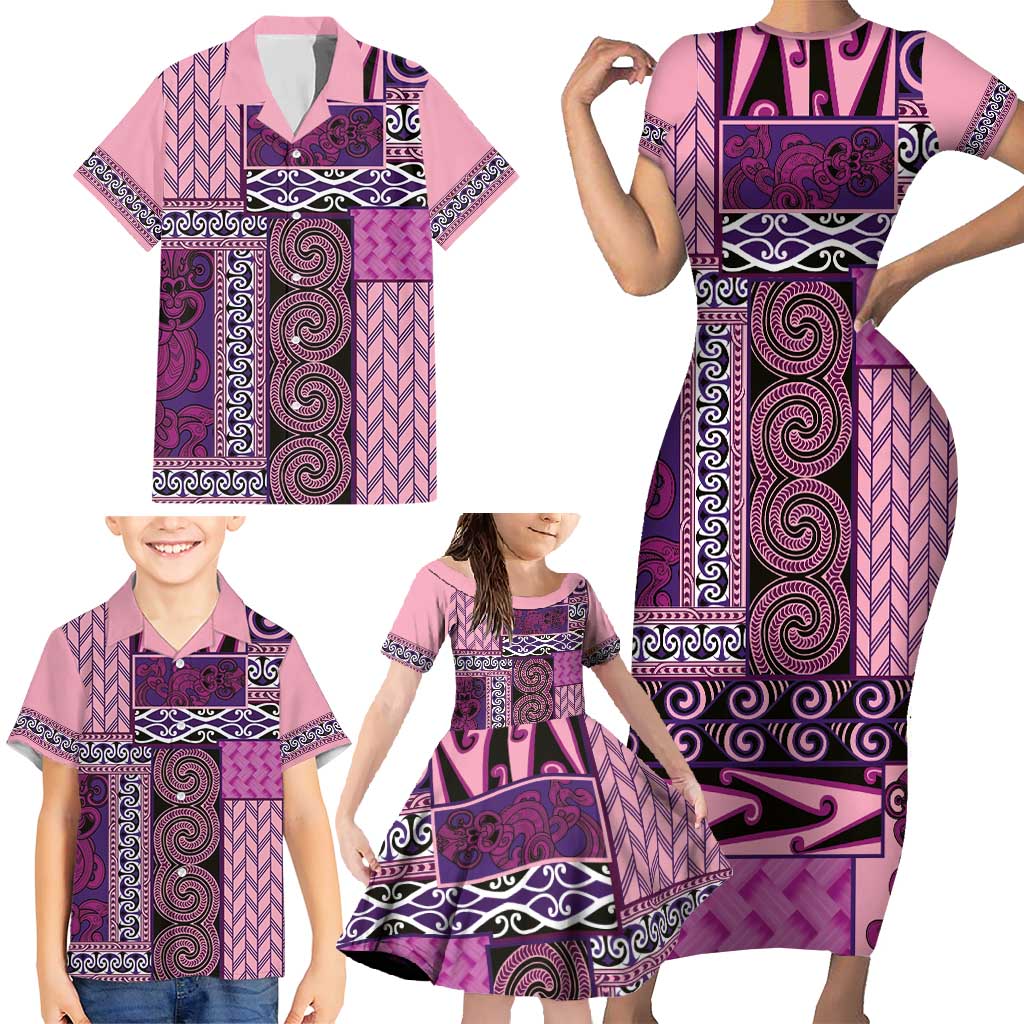 Pink Aotearoa Kowhaiwhai Pattern Family Matching Short Sleeve Bodycon Dress and Hawaiian Shirt NZ Maori Quilt Style LT14 - Polynesian Pride