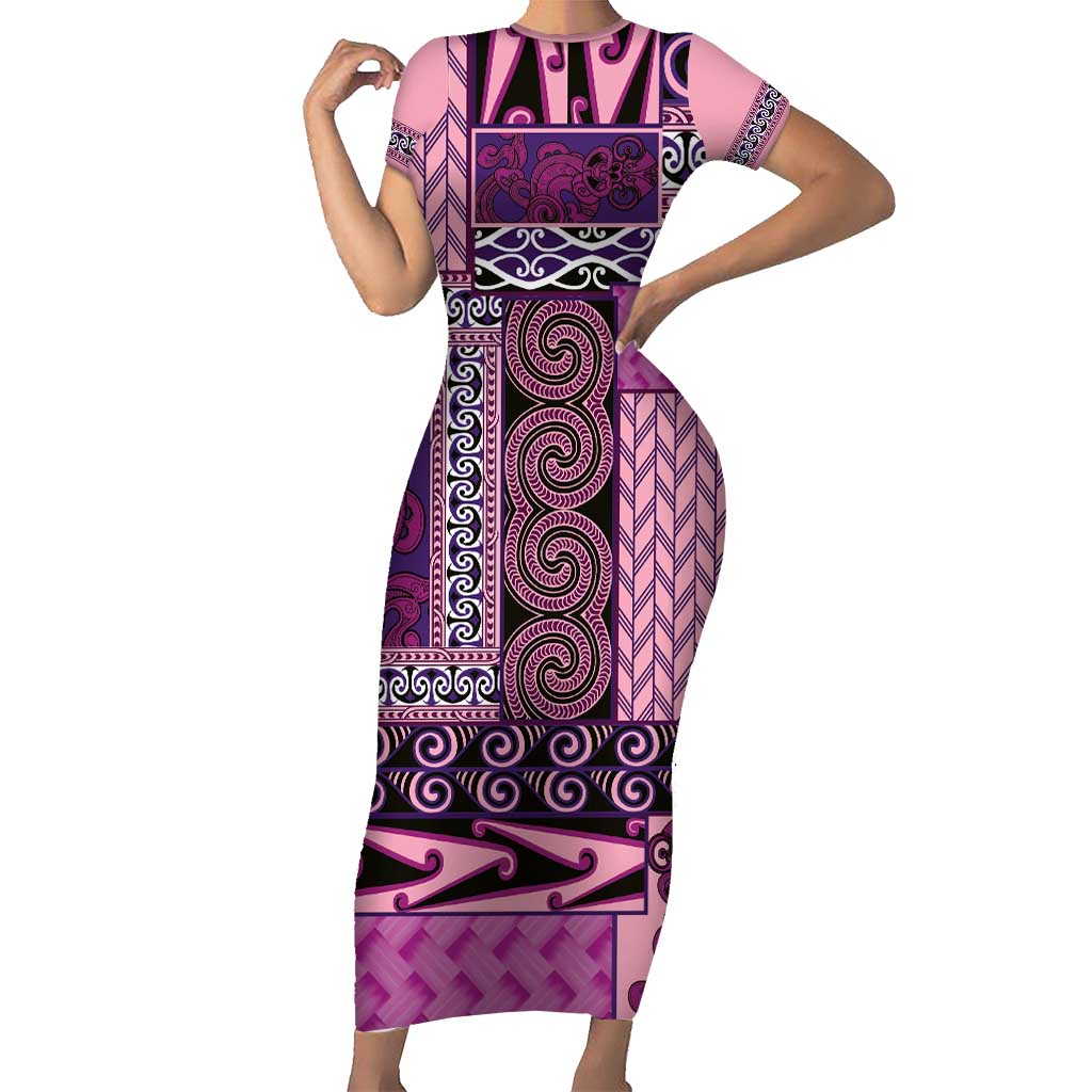 Pink Aotearoa Kowhaiwhai Pattern Family Matching Short Sleeve Bodycon Dress and Hawaiian Shirt NZ Maori Quilt Style LT14 Mom's Dress Pink - Polynesian Pride
