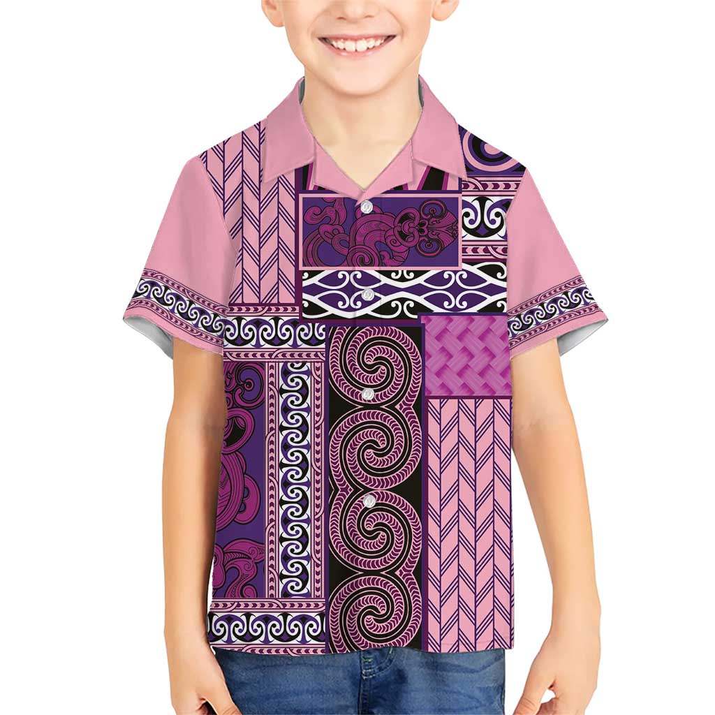 Pink Aotearoa Kowhaiwhai Pattern Family Matching Short Sleeve Bodycon Dress and Hawaiian Shirt NZ Maori Quilt Style LT14 Son's Shirt Pink - Polynesian Pride