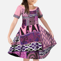 Pink Aotearoa Kowhaiwhai Pattern Family Matching Summer Maxi Dress and Hawaiian Shirt NZ Maori Quilt Style LT14 Daughter's Dress Pink - Polynesian Pride