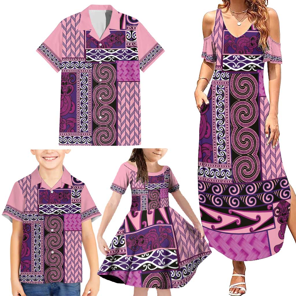 Pink Aotearoa Kowhaiwhai Pattern Family Matching Summer Maxi Dress and Hawaiian Shirt NZ Maori Quilt Style LT14 - Polynesian Pride