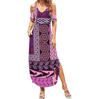 Pink Aotearoa Kowhaiwhai Pattern Family Matching Summer Maxi Dress and Hawaiian Shirt NZ Maori Quilt Style LT14 Mom's Dress Pink - Polynesian Pride