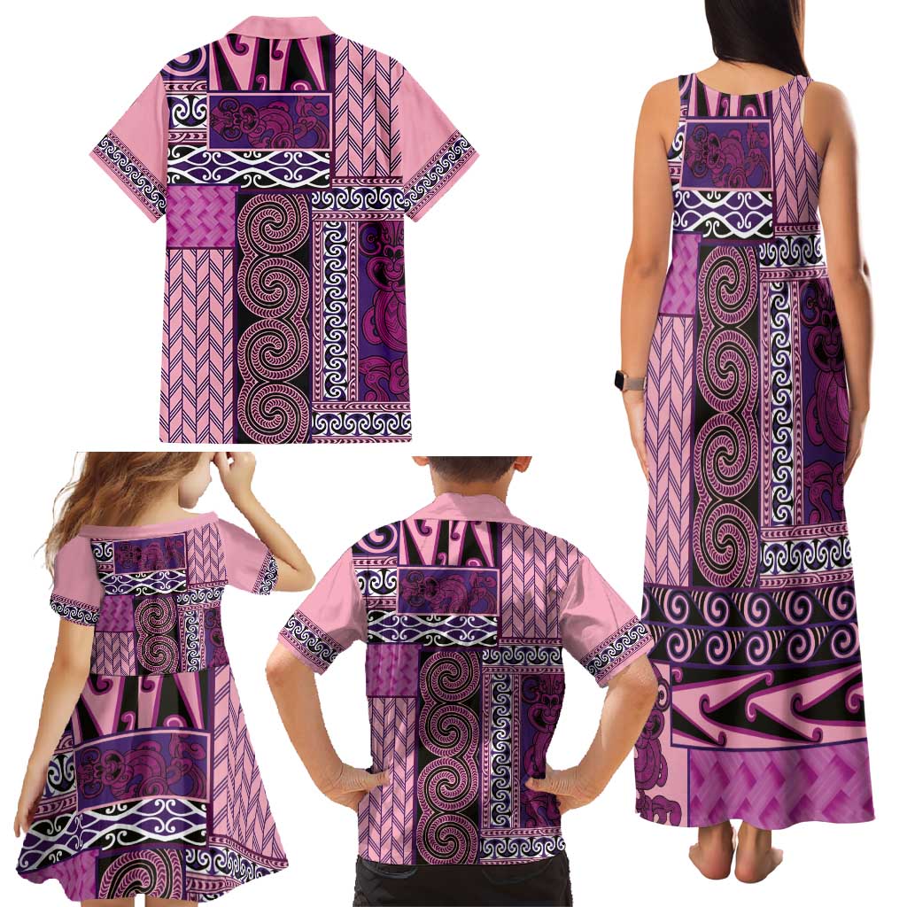 Pink Aotearoa Kowhaiwhai Pattern Family Matching Tank Maxi Dress and Hawaiian Shirt NZ Maori Quilt Style LT14 - Polynesian Pride