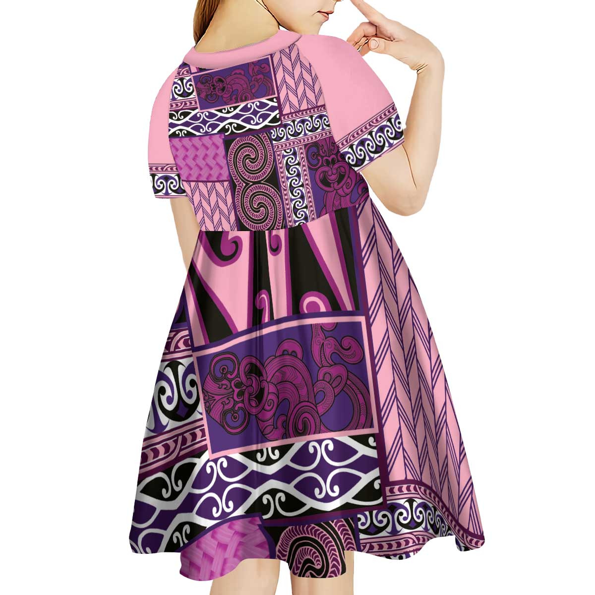 Pink Aotearoa Kowhaiwhai Pattern Kid Short Sleeve Dress NZ Maori Quilt Style LT14 - Polynesian Pride
