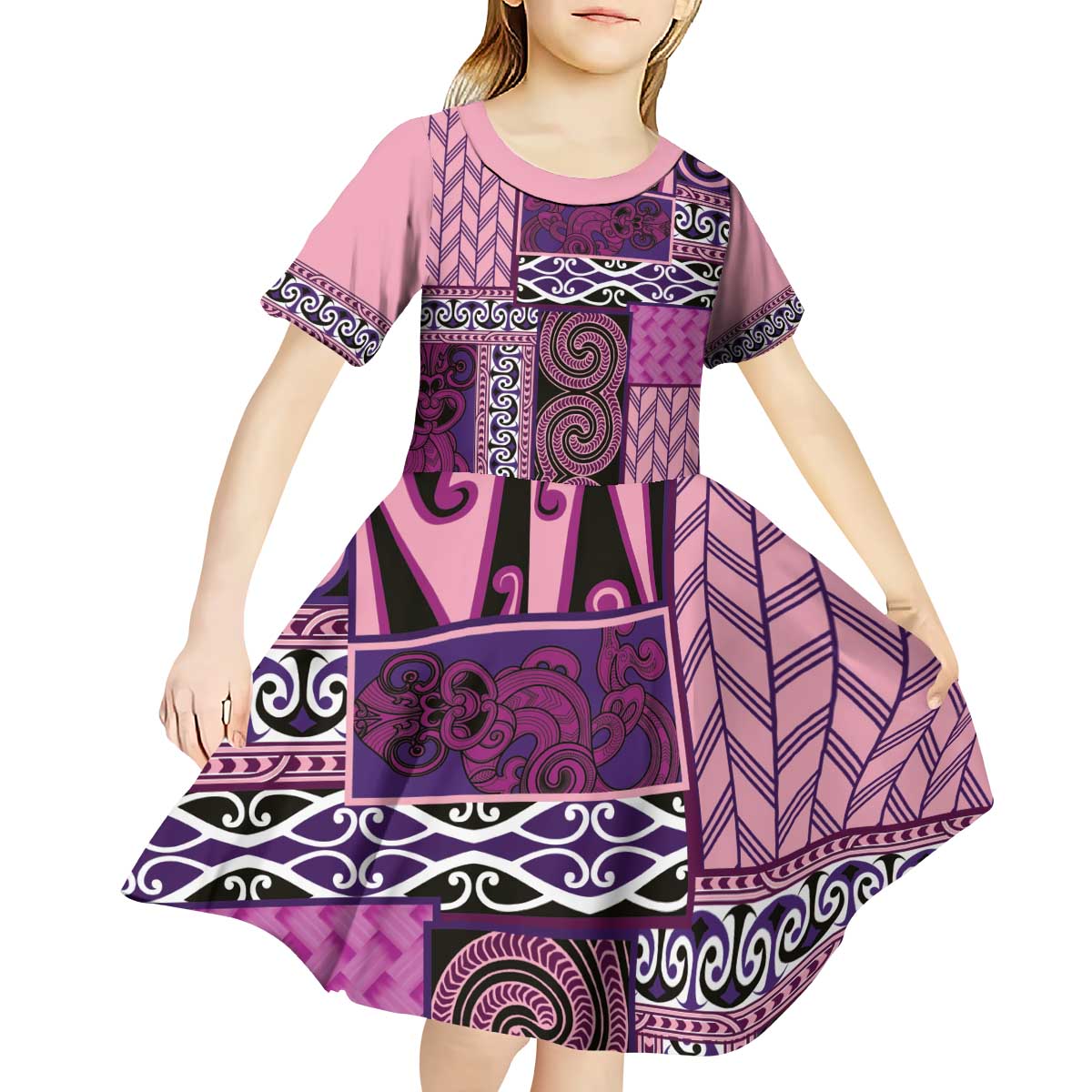 Pink Aotearoa Kowhaiwhai Pattern Kid Short Sleeve Dress NZ Maori Quilt Style LT14 - Polynesian Pride