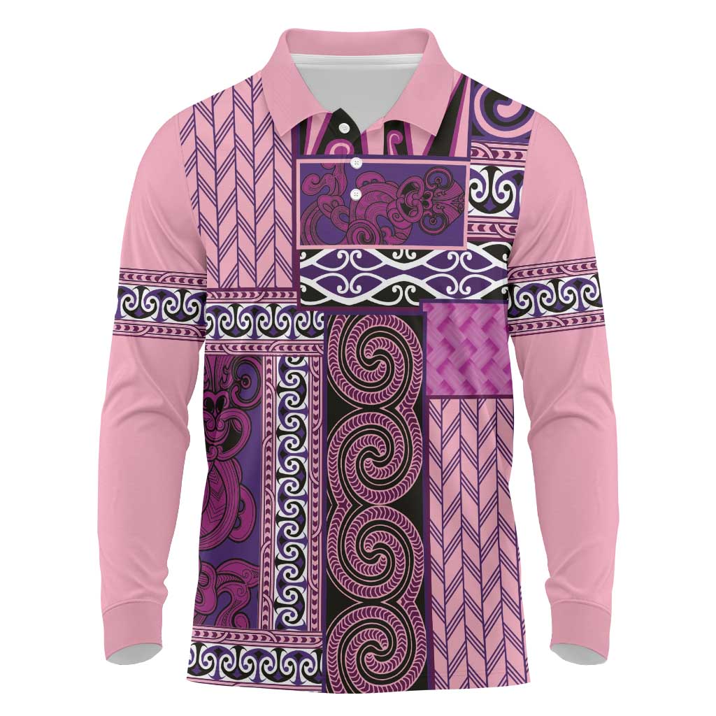 Pink Aotearoa Kowhaiwhai Pattern Long Sleeve Polo Shirt NZ Maori Quilt Style LT14 Pink - Polynesian Pride