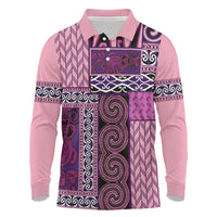 Pink Aotearoa Kowhaiwhai Pattern Long Sleeve Polo Shirt NZ Maori Quilt Style LT14 Pink - Polynesian Pride