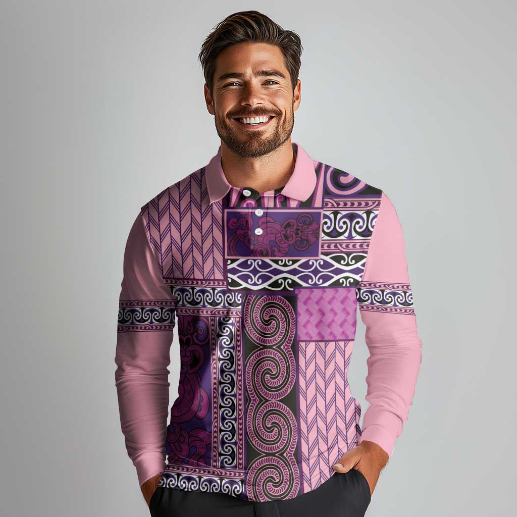 Pink Aotearoa Kowhaiwhai Pattern Long Sleeve Polo Shirt NZ Maori Quilt Style LT14 - Polynesian Pride