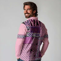 Pink Aotearoa Kowhaiwhai Pattern Long Sleeve Polo Shirt NZ Maori Quilt Style LT14 - Polynesian Pride