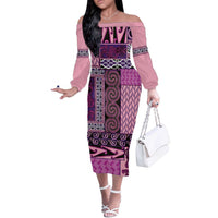 Pink Aotearoa Kowhaiwhai Pattern Off The Shoulder Long Sleeve Dress NZ Maori Quilt Style LT14 Women Pink - Polynesian Pride