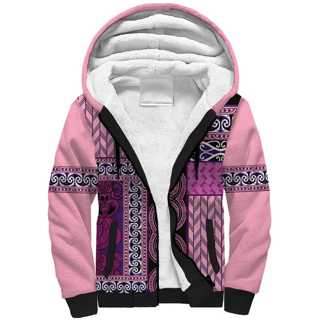 Pink Aotearoa Kowhaiwhai Pattern Sherpa Hoodie NZ Maori Quilt Style LT14 Unisex Pink - Polynesian Pride