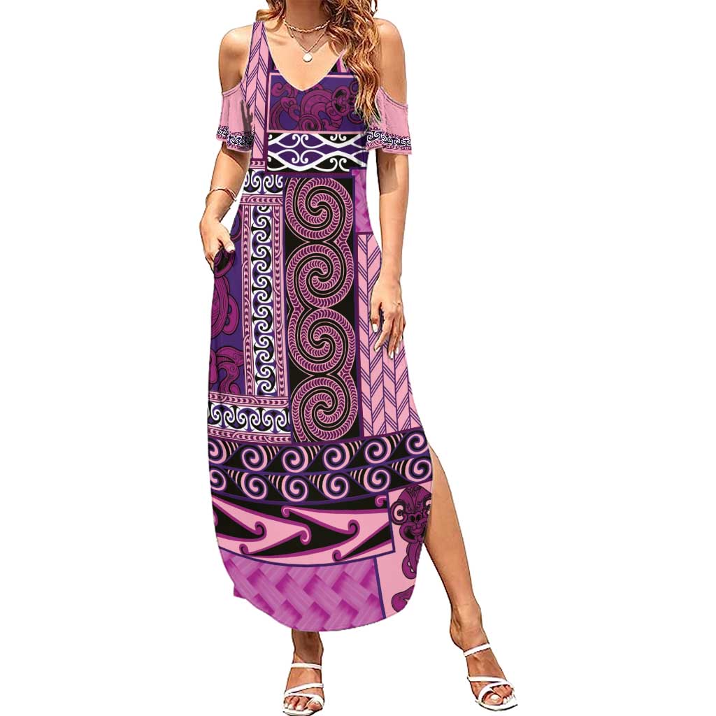 Pink Aotearoa Kowhaiwhai Pattern Summer Maxi Dress NZ Maori Quilt Style LT14 Women Pink - Polynesian Pride