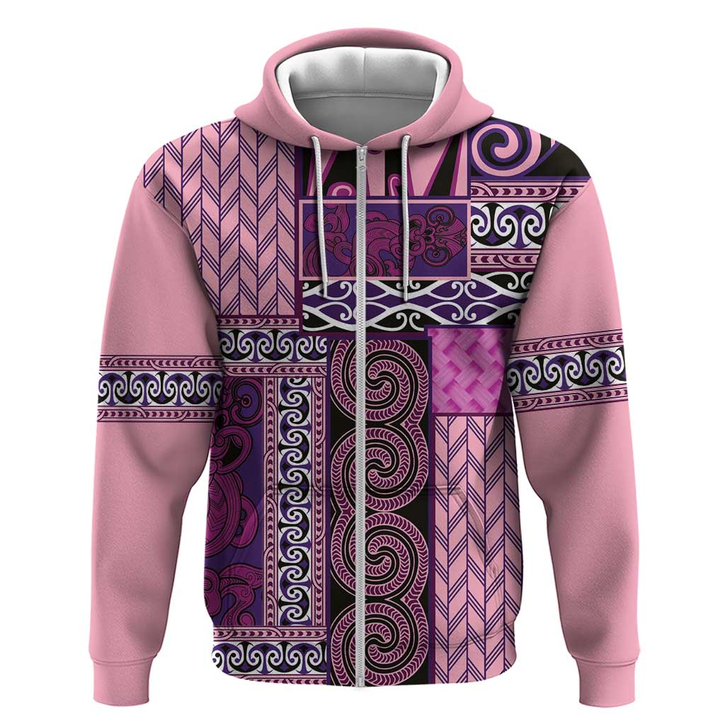 Pink Aotearoa Kowhaiwhai Pattern Zip Hoodie NZ Maori Quilt Style LT14 Zip Hoodie Pink - Polynesian Pride