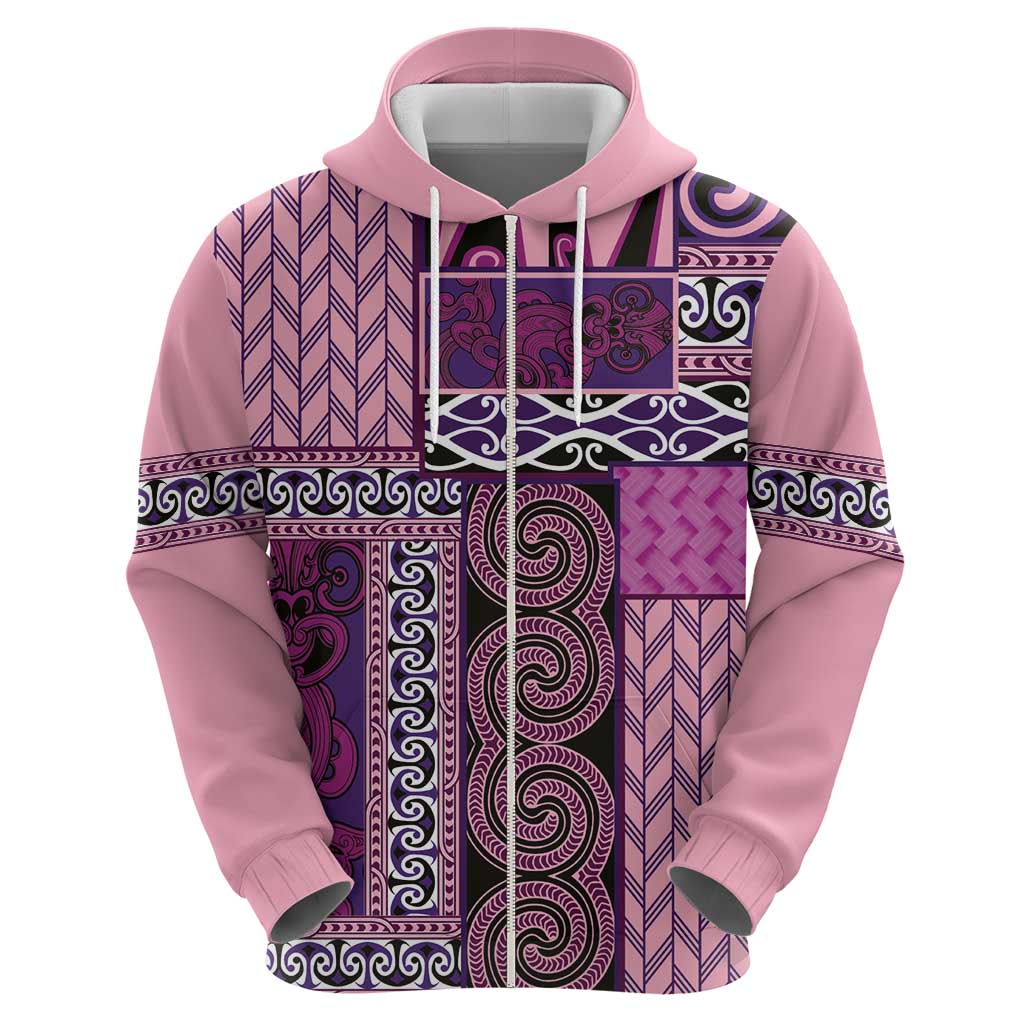Pink Aotearoa Kowhaiwhai Pattern Zip Hoodie NZ Maori Quilt Style LT14 - Polynesian Pride