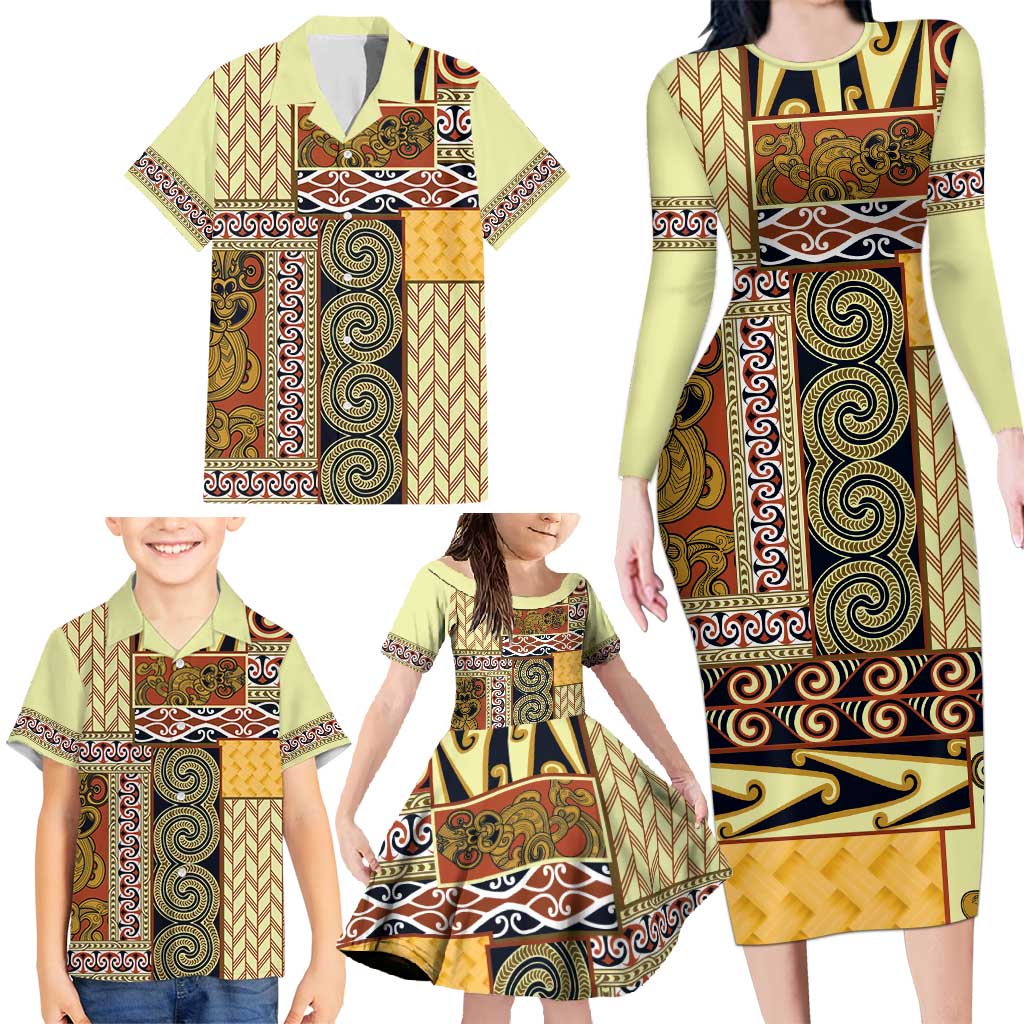 Yellow Aotearoa Kowhaiwhai Pattern Family Matching Long Sleeve Bodycon Dress and Hawaiian Shirt NZ Maori Quilt Style LT14 - Polynesian Pride