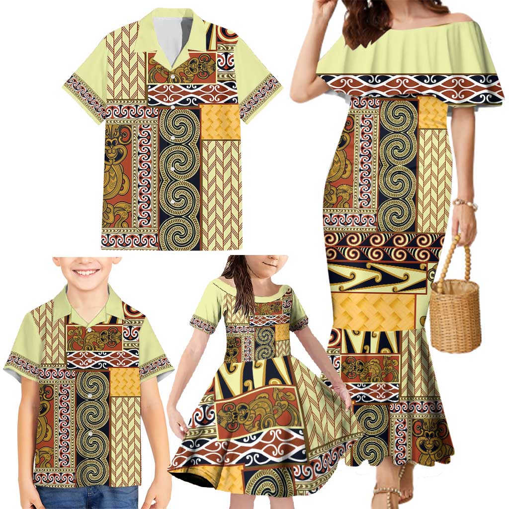 Yellow Aotearoa Kowhaiwhai Pattern Family Matching Mermaid Dress and Hawaiian Shirt NZ Maori Quilt Style LT14 - Polynesian Pride