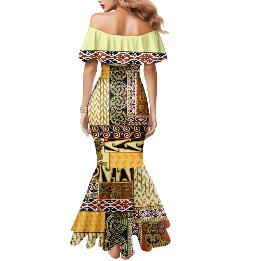Yellow Aotearoa Kowhaiwhai Pattern Family Matching Mermaid Dress and Hawaiian Shirt NZ Maori Quilt Style LT14 - Polynesian Pride