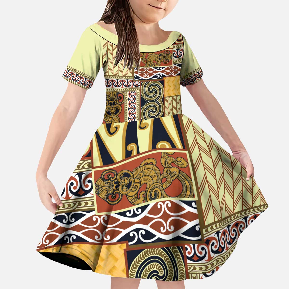 Yellow Aotearoa Kowhaiwhai Pattern Family Matching Off The Shoulder Long Sleeve Dress and Hawaiian Shirt NZ Maori Quilt Style LT14 Daughter's Dress Yellow - Polynesian Pride