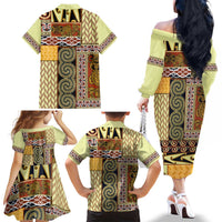 Yellow Aotearoa Kowhaiwhai Pattern Family Matching Off The Shoulder Long Sleeve Dress and Hawaiian Shirt NZ Maori Quilt Style LT14 - Polynesian Pride